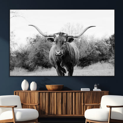 97280319-MGV-CV-36X24-Longhorn Photography Wall Art Canvas Print, Framed Western Cow Decor Art Picture Print, Texas Ranch Style Perfect Rustic Farmhouse
