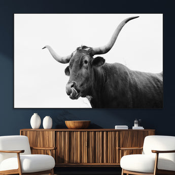 99244177-SEG-FC-51X34_Oversize_Oversize-Longhorn Photography Wall Art Canvas Print, Framed Western Cow Decor Art Picture Print, Black White Bull Perfect Modern Rustic