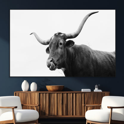 99244177-SEG-FC-51X34_Oversize_Oversize-Longhorn Photography Wall Art Canvas Print, Framed Western Cow Decor Art Picture Print, Black White Bull Perfect Modern Rustic