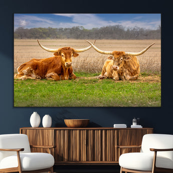 97244565-SEG-FC-51X34_Oversize_Oversize-Longhorn Duo Wall Art Canvas Print, Framed Cozy Ranch Vibes Art Picture Print, Western Ranch Decor Perfect Rustic Farmhouse Decor