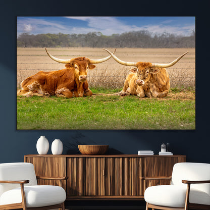 97244565-SEG-FC-51X34_Oversize_Oversize-Longhorn Duo Wall Art Canvas Print, Framed Cozy Ranch Vibes Art Picture Print, Western Ranch Decor Perfect Rustic Farmhouse Decor