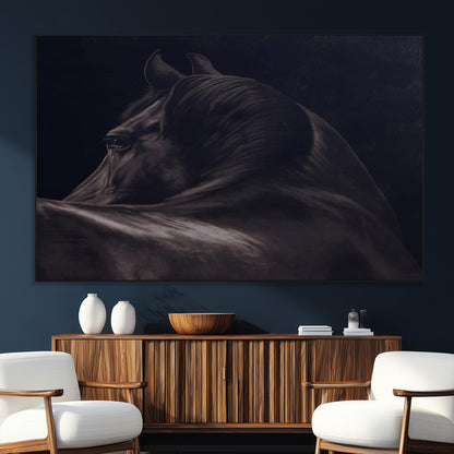 67026880-MGV-CV-36X24-Black Horse Portrait Wall Art Canvas Print, Framed Moody Horse Decor Art Picture Print, Equestrian Wall Style Perfect Masculine