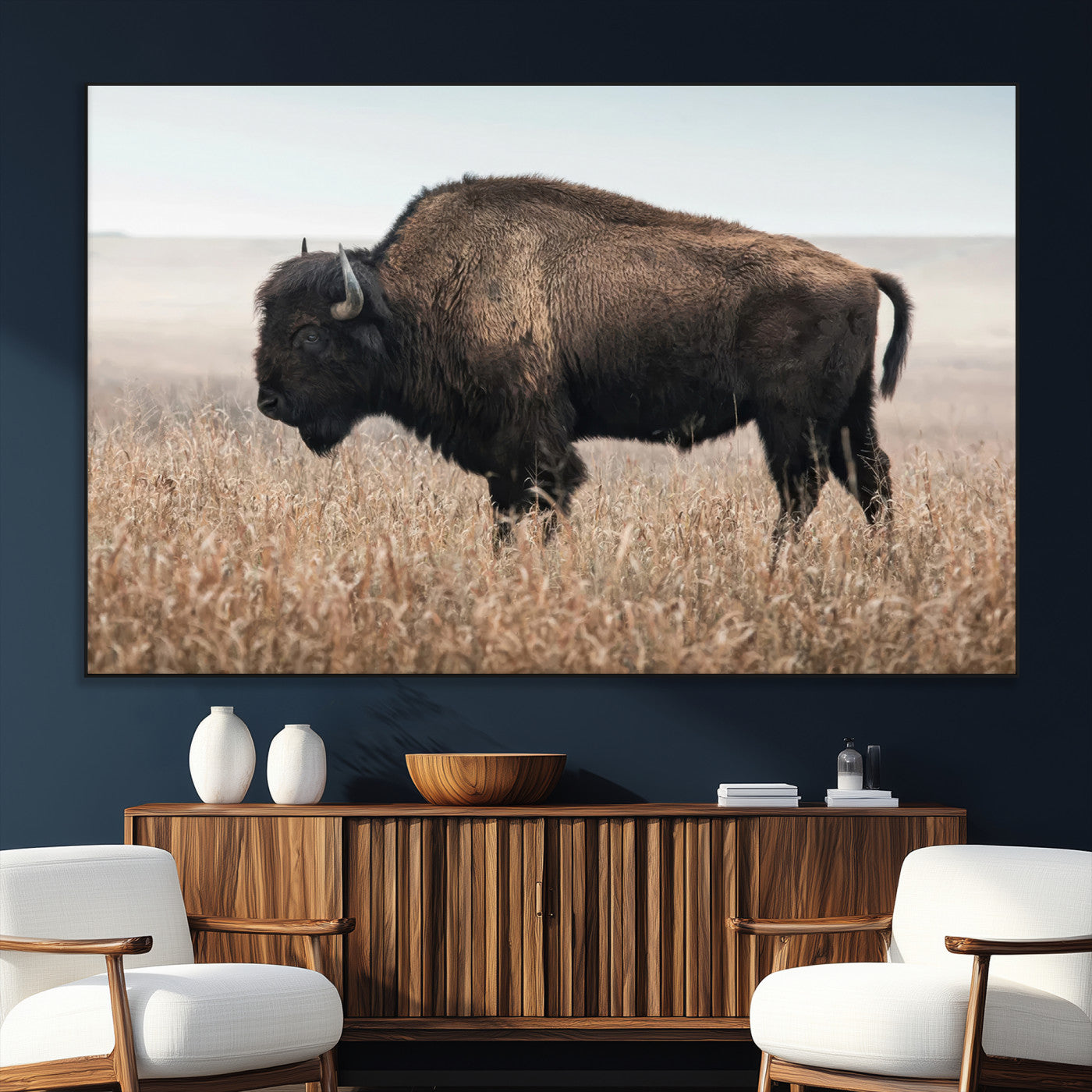 34451925-SEG-FC-51X34_Oversize_Oversize-Rustic Bison Decor Wall Art Canvas Print, Framed Buffalo Home Accent Art Picture Print, Prairie Wildlife Scene Perfect Western