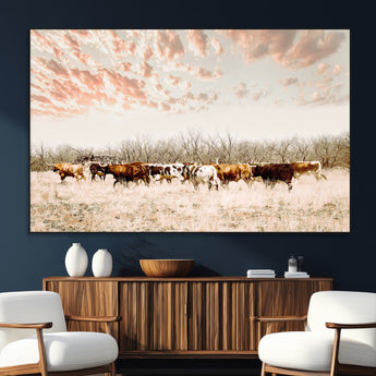 43704663-MGV-CV-36X24-Country Cow Herd Wall Art Canvas Print, Framed Farmhouse Cattle Scene Art Picture Print, Rustic Ranch Decor Perfect Rustic
