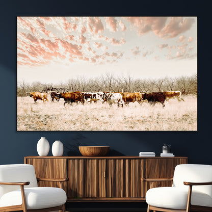 43704663-MGV-CV-36X24-Country Cow Herd Wall Art Canvas Print, Framed Farmhouse Cattle Scene Art Picture Print, Rustic Ranch Decor Perfect Rustic
