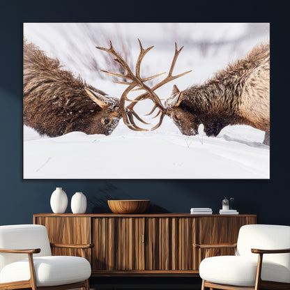 36507609-SEG-FC-51X34_Oversize_Oversize-Elk Clash Scene Wall Art Canvas Print, Framed Wildlife Strength Decor Art Picture Print, Snowy Forest Elk Perfect Rustic Lodge
