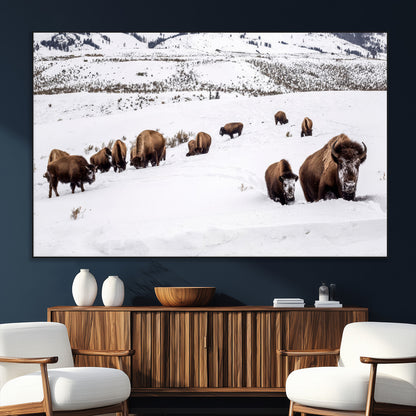 13891210-SEG-FC-51X34_Oversize_Oversize-Bison Herd Scene Wall Art Canvas Print, Framed Western Wildlife Decor Art Picture Print, Snowy Mountain Valley Perfect Rustic