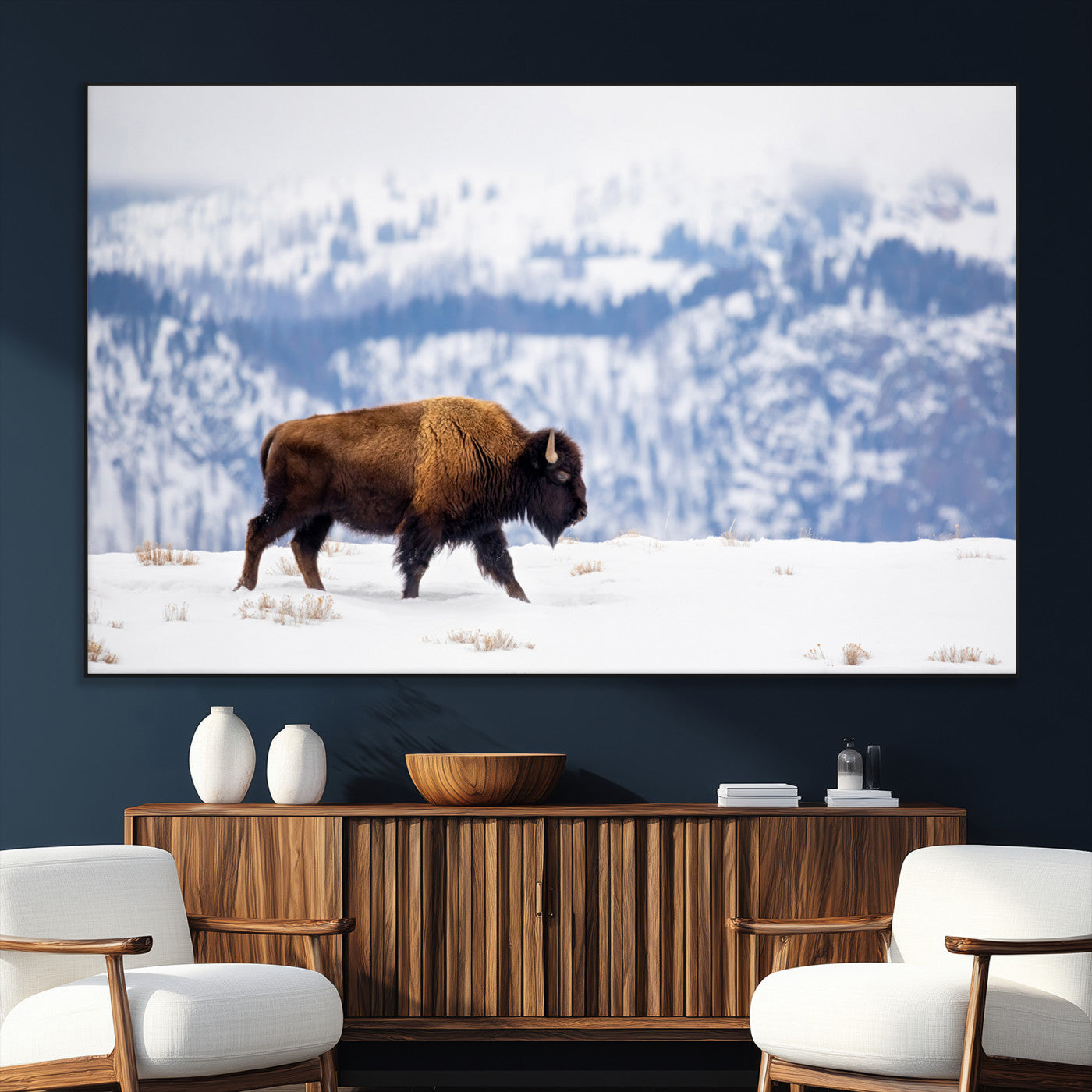 58512275-MGV-CV-36X24-Cowboy Aesthetic Wall Art Canvas Print, Framed Neutral Animal Theme Art Picture Print, Bison Ranch Style Perfect Rustic Western