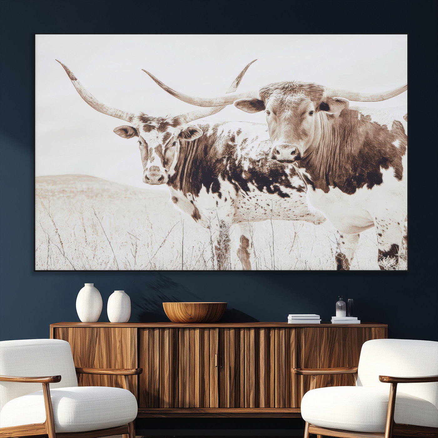 48161868-MGV-CV-36X24-Longhorn Cow Decor Wall Art Canvas Print, Framed Rustic Cattle Art Picture Print, Sepia Western Vibe Perfect Neutral Rustic