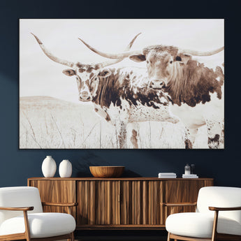 48161868-SEG-FC-51X34_Oversize_Oversize-Longhorn Cow Decor Wall Art Canvas Print, Framed Rustic Cattle Art Picture Print, Sepia Western Vibe Perfect Neutral Rustic