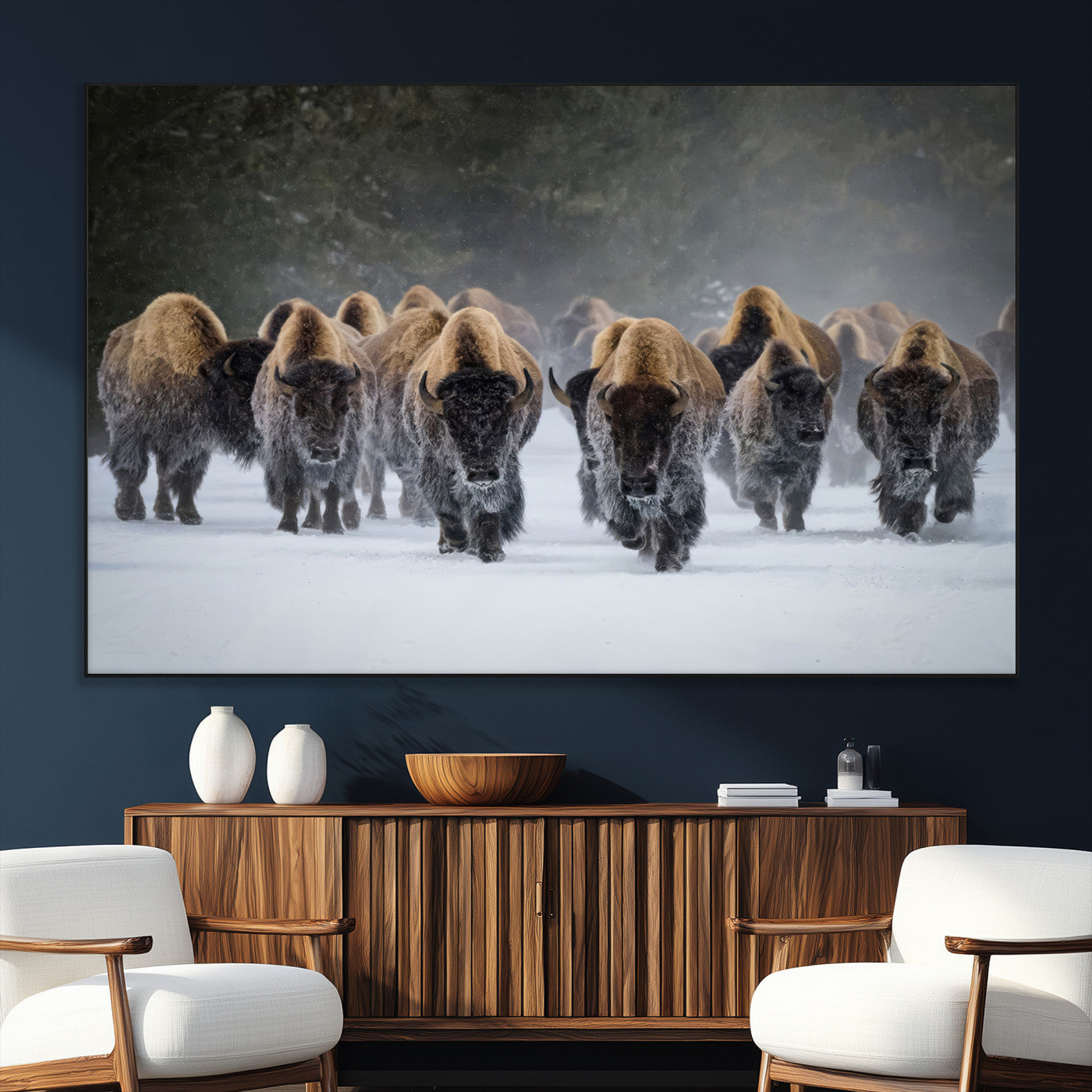 41669135-MGV-CV-36X24-Bison Herd Scene Wall Art Canvas Print, Framed Rustic Wildlife Decor Art Picture Print, Snowy Bison Landscape Perfect Rustic