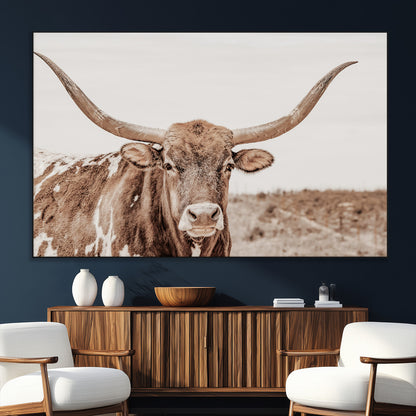 77810049-MGV-CV-36X24-Longhorn Bull Photo Wall Art Canvas Print, Framed Rustic Cow Decor Art Picture Print, Neutral Farmhouse Style Perfect Rustic