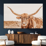74406977-MGV-CV-36X24-Longhorn Bull Decor Wall Art Canvas Print, Framed Western Cow Theme Art Picture Print, Rustic Farmhouse Wall Perfect Neutral