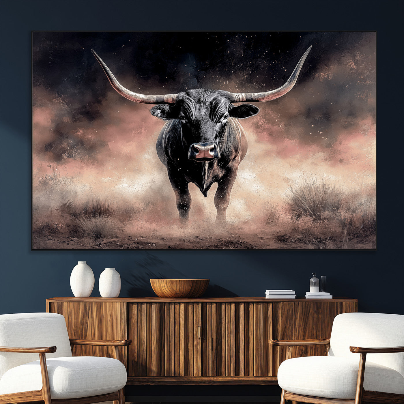 71457818-SEG-FC-51X34_Oversize_Oversize-Longhorn Wall Art Wall Art Canvas Print, Framed Western Bull Canvas Art Picture Print, Rustic Cow Decor Perfect Western Dramatic