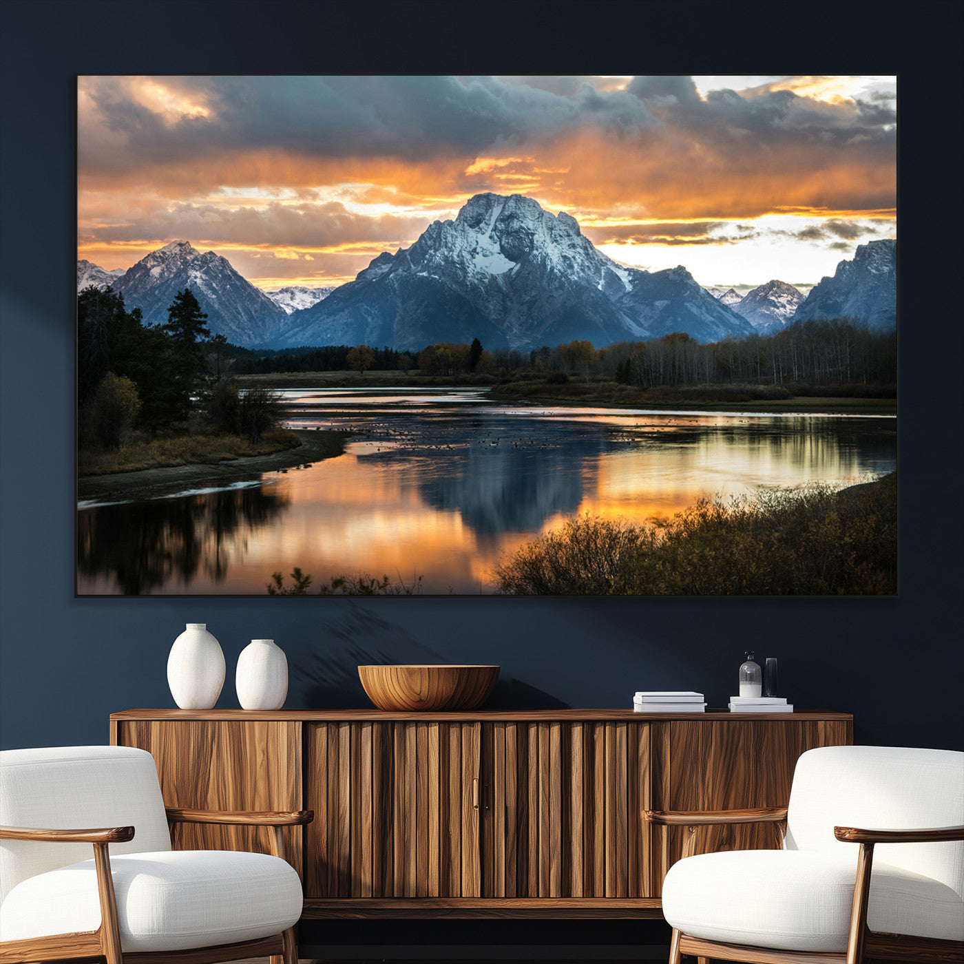 14130176-SEG-FC-51X34_Oversize_Oversize-Mountain Sunset Wall Art Canvas Print, Framed Alpine Wilderness Art Picture Print, Golden Hour Perfect Rustic Wilderness Decor