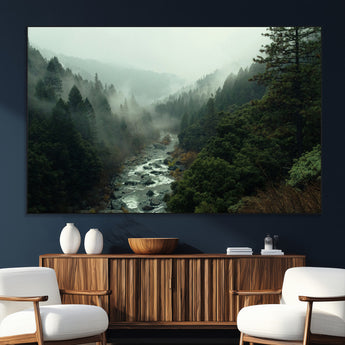 48497565-SEG-FC-51X34_Oversize_Oversize-Misty Forest Wall Art Canvas Print, Framed Foggy River Art Picture Print, Moody Landscape Perfect Moody Wilderness Decor Artwork