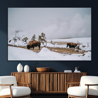 60308289-SEG-FC-51X34_Oversize_Oversize-Bison Wildlife Wall Art Canvas Print, Framed Snowy Prairie Art Picture Print, Western Landscape Perfect Rustic Winter Decor