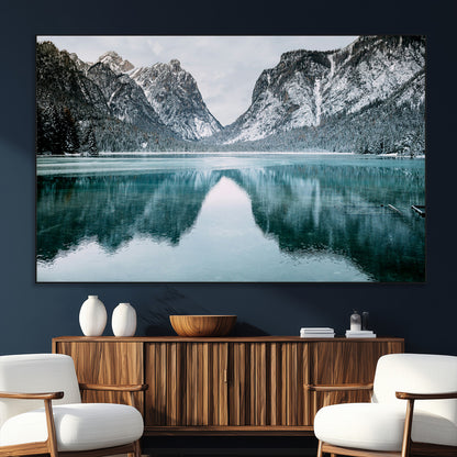 73098373-MGV-CV-36X24-Mountain Lake Wall Art Canvas Print, Framed Winter Wonderland Art Picture Print, Snowy Peaks Perfect Modern Nature Decor Artwork
