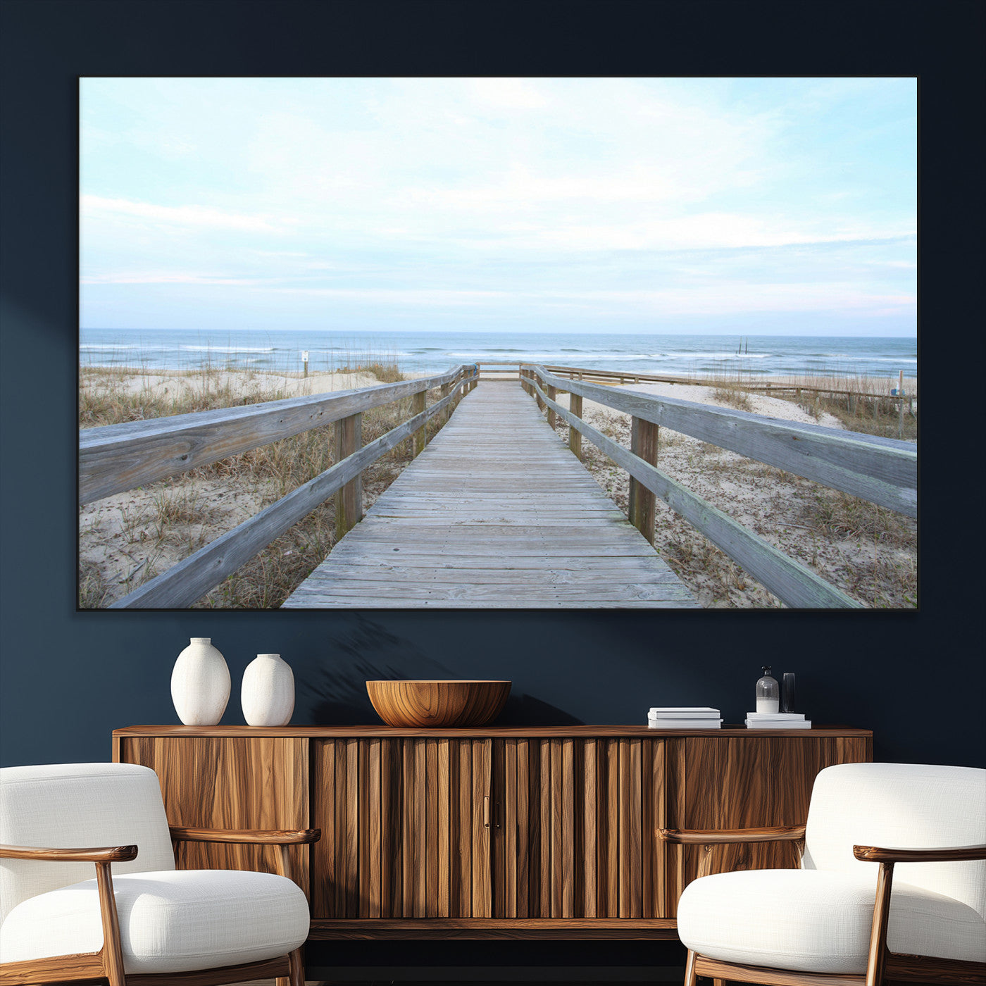 31602988-MGV-CV-36X24-Beach Boardwalk Wall Art Canvas Print, Framed Coastal Serenity Art Picture Print, Ocean View Perfect Coastal Minimalist Decor