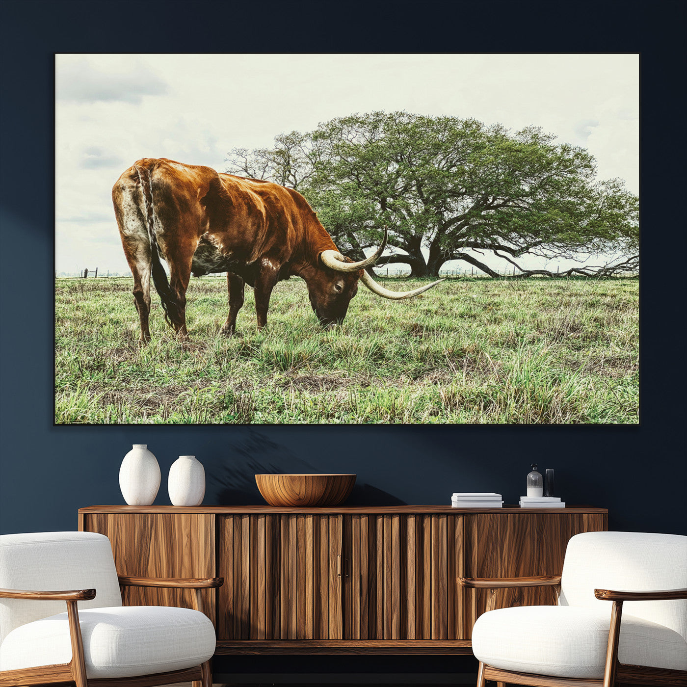 91866234-SEG-FC-51X34_Oversize_Oversize-Texas Longhorn Wall Art Canvas Print, Framed Rustic Ranch Art Picture Print, Western Cattle Perfect Rustic Farmhouse Decor Artwork