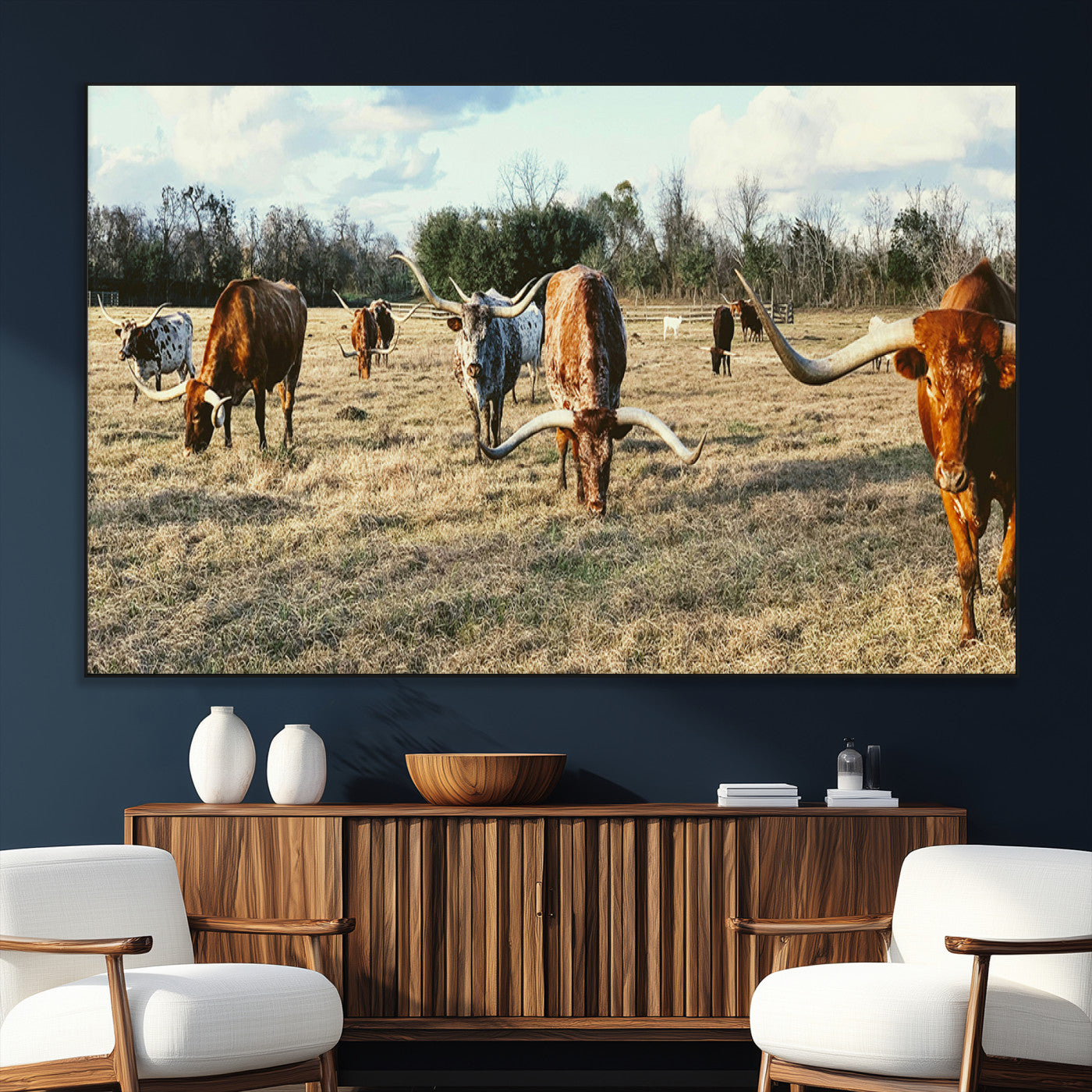 39144651-SEG-FC-51X34_Oversize_Oversize-Texas Longhorns Wall Art Canvas Print, Framed Rustic Farm Scene Art Picture Print, Western Cattle Perfect Rustic Farmhouse Decor