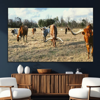 39144651-SEG-FC-51X34_Oversize_Oversize-Texas Longhorns Wall Art Canvas Print, Framed Rustic Farm Scene Art Picture Print, Western Cattle Perfect Rustic Farmhouse Decor