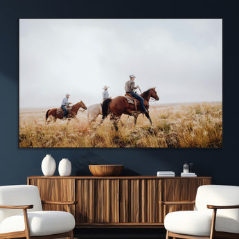 94723307-SEG-FC-51X34_Oversize_Oversize-Western Cowboys Wall Art Canvas Print, Framed Rustic Prairie Art Picture Print, Horseback Riding Perfect Rustic Western Decor