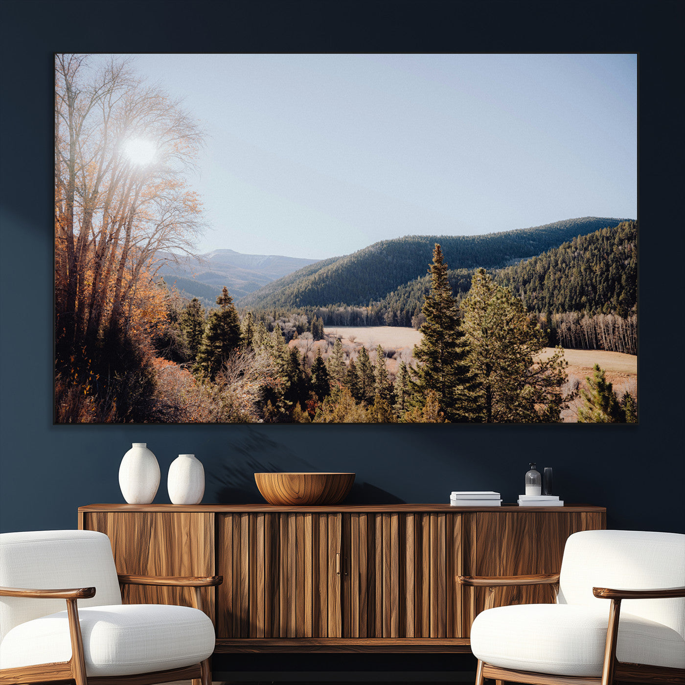 52941305-SEG-FC-51X34_Oversize_Oversize-Rustic Landscape Wall Art Canvas Print, Framed Serene Valley Art Picture Print, Pine Tree Horizon Perfect Rustic Cabin Decor