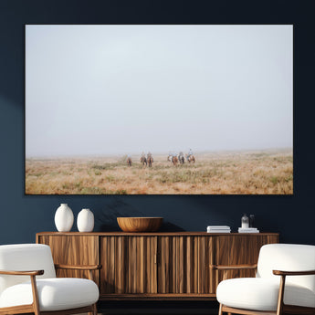 14761944-SEG-FC-51X34_Oversize_Oversize-Foggy Plains Wall Art Canvas Print, Framed Horseback Riders Art Picture Print, Rustic Western Perfect Rustic Western Decor Artwork