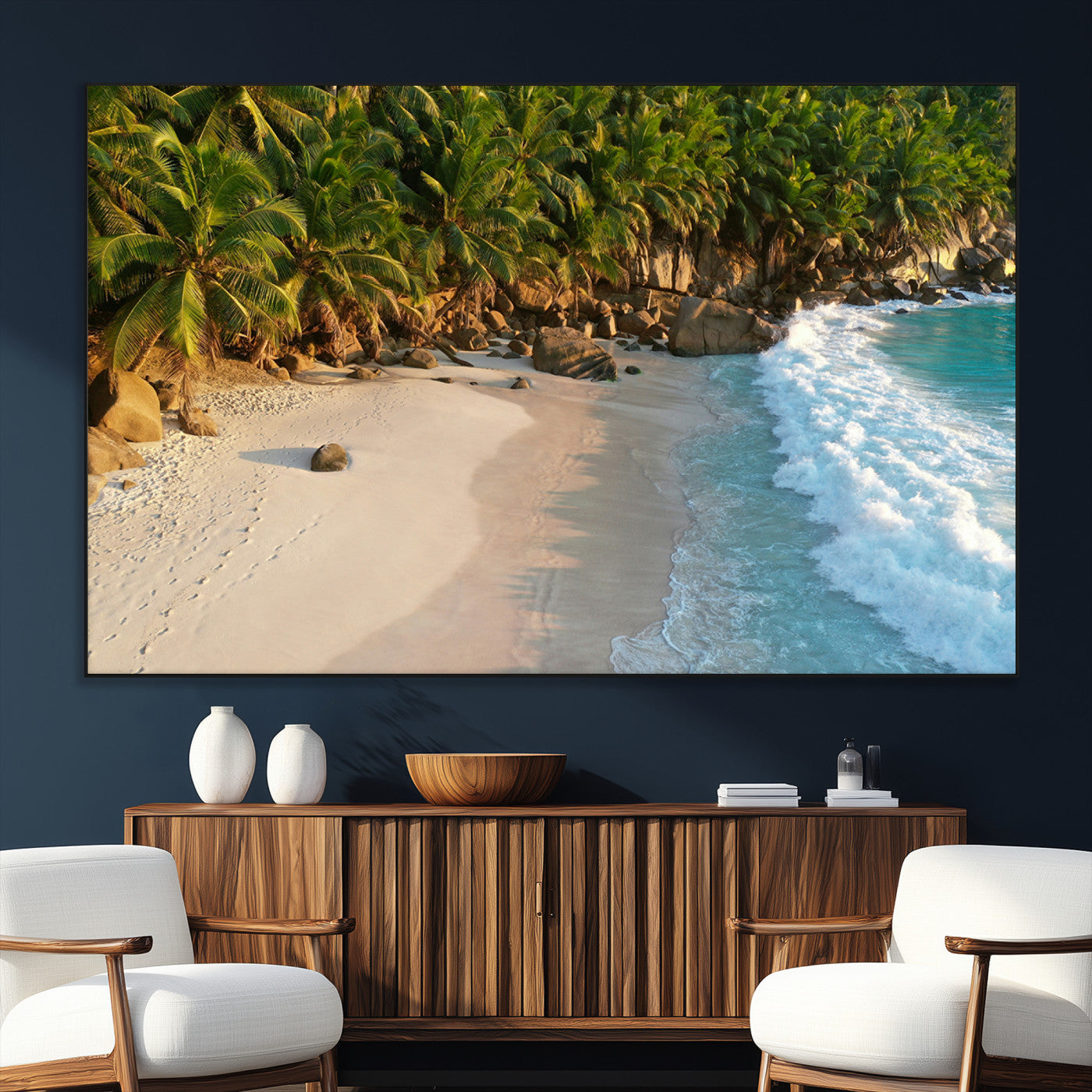 82312665-SEG-FC-51X34_Oversize_Oversize-Tropical Beach Wall Art Canvas Print, Framed Ocean Waves Art Picture Print, Palm Trees Perfect Coastal Minimalist Decor Artwork