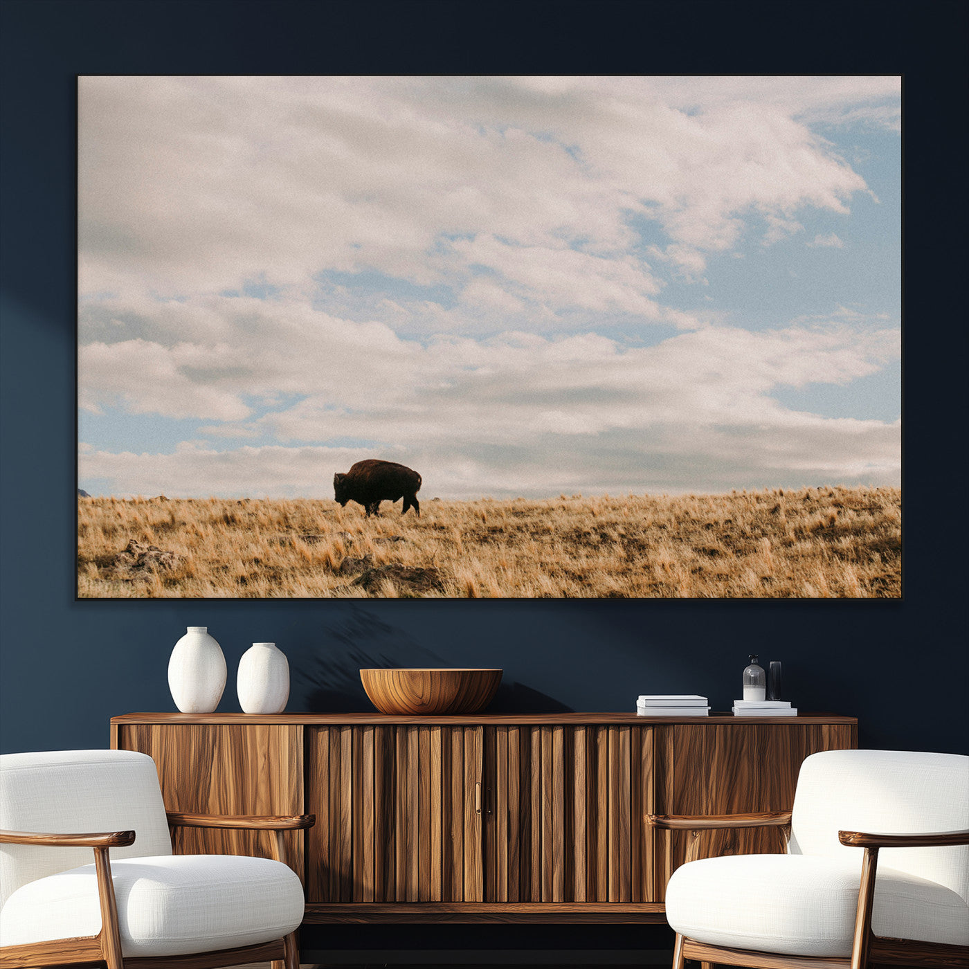 22754563-SEG-FC-51X34_Oversize_Oversize-Earthy Tones Wall Art Canvas Print, Framed Rustic Nature Art Picture Print, Solitary Buffalo Perfect Western Minimalist Decor