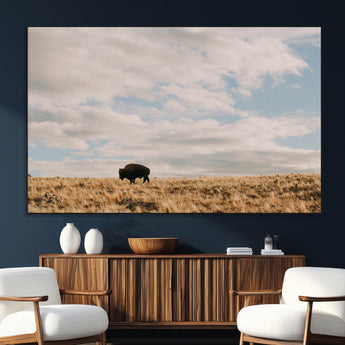 22754563-SEG-FC-51X34_Oversize_Oversize-Earthy Tones Wall Art Canvas Print, Framed Rustic Nature Art Picture Print, Solitary Buffalo Perfect Western Minimalist Decor