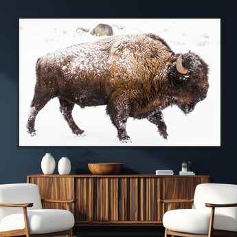 94261165-SEG-FC-51X34_Oversize_Oversize-Snowy Buffalo Wall Art Canvas Print, Framed Wildlife Photography Art Picture Print, Brown Tones Perfect Rustic Lodge Decor Decor