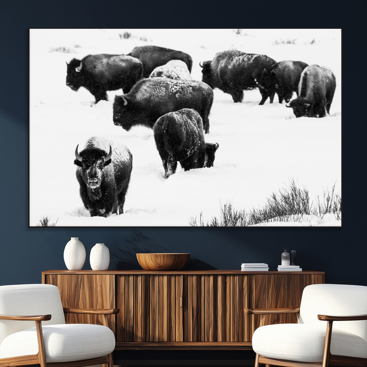 18914414-SEG-FC-51X34_Oversize_Oversize-Buffalo Herd Wall Art Canvas Print, Framed Black and White Art Picture Print, Snowy Landscape Perfect Rustic Lodge Decor Decor