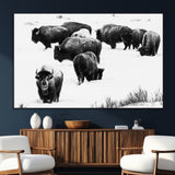 18914414-SEG-FC-51X34_Oversize_Oversize-Buffalo Herd Wall Art Canvas Print, Framed Black and White Art Picture Print, Snowy Landscape Perfect Rustic Lodge Decor Decor
