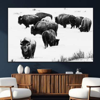 18914414-SEG-FC-51X34_Oversize_Oversize-Buffalo Herd Wall Art Canvas Print, Framed Black and White Art Picture Print, Snowy Landscape Perfect Rustic Lodge Decor Decor