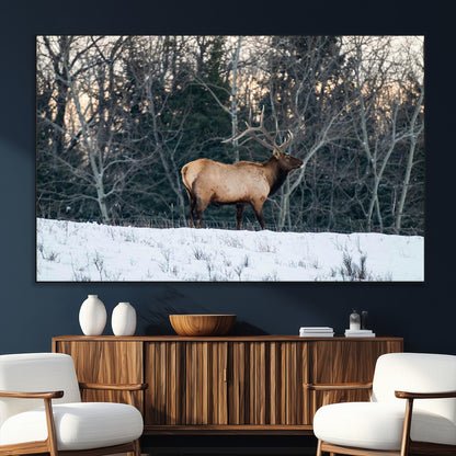 36533178-SEG-FC-51X34_Oversize_Oversize-Wild Elk Photography Wall Art Canvas Print, Framed Winter Wildlife Art Picture Print, Snowy Forest Perfect Rustic Lodge Decor
