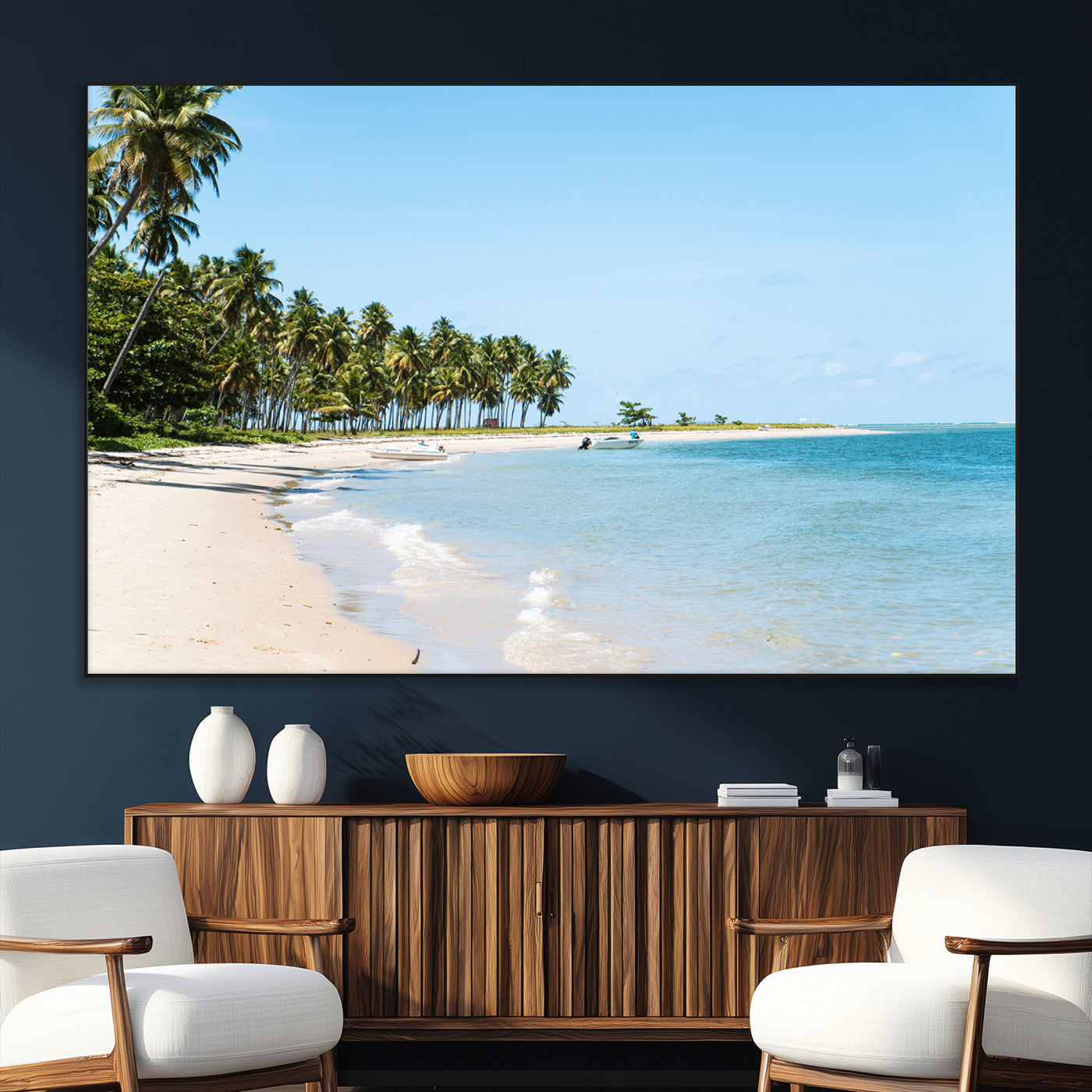 37858872-SEG-FC-51X34_Oversize_Oversize-Palm Tree Coast Wall Art Canvas Print, Framed Island Getaway Art Picture Print, Crystal Blue Water Perfect Tropical Coastal Decor
