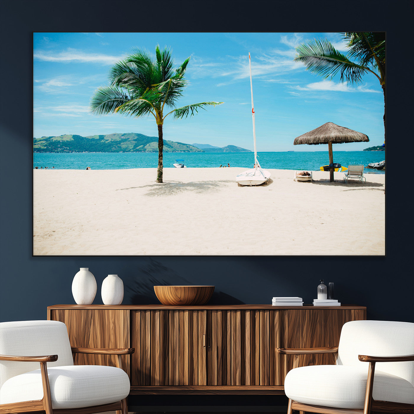 42623350-MGV-CV-36X24-Tropical Beach Wall Art Canvas Print, Framed Palm Tree Art Picture Print, Ocean View Perfect Tropical Coastal Decor Artwork
