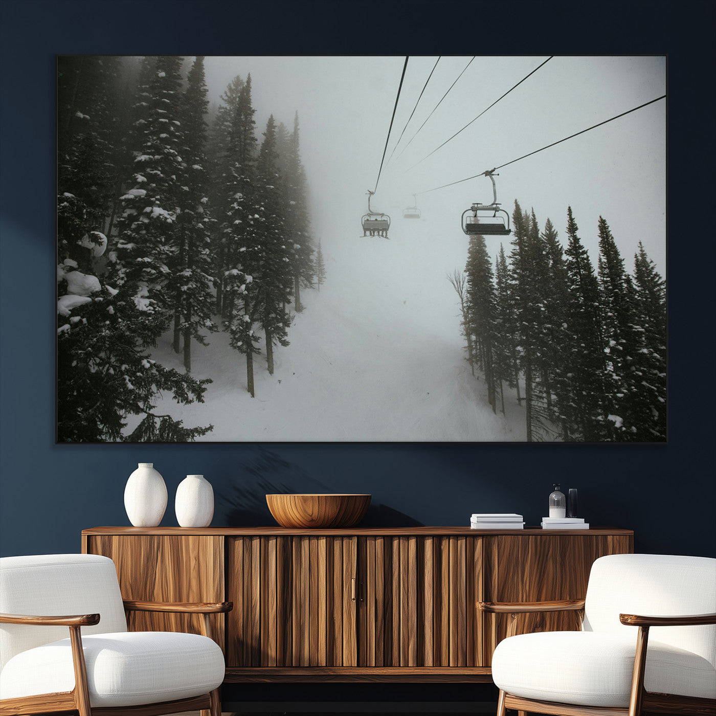 87018452-MGV-CV-36X24-Ski Lift Wall Art Canvas Print, Framed Snowy Pines Art Picture Print, Misty Landscape Perfect Winter Serenity Decor Artwork