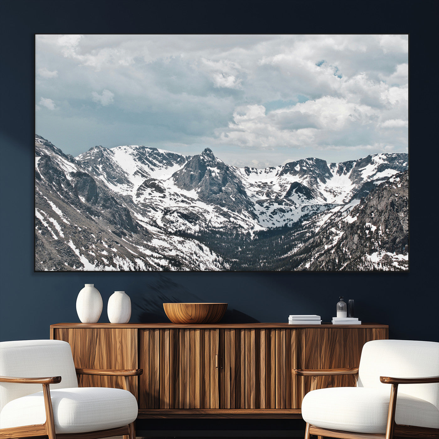 94074619-MGV-CV-36X24-Snowy Peaks Wall Art Canvas Print, Framed Alpine Wilderness Art Picture Print, Mountain Escape Perfect Winter Serenity Decor
