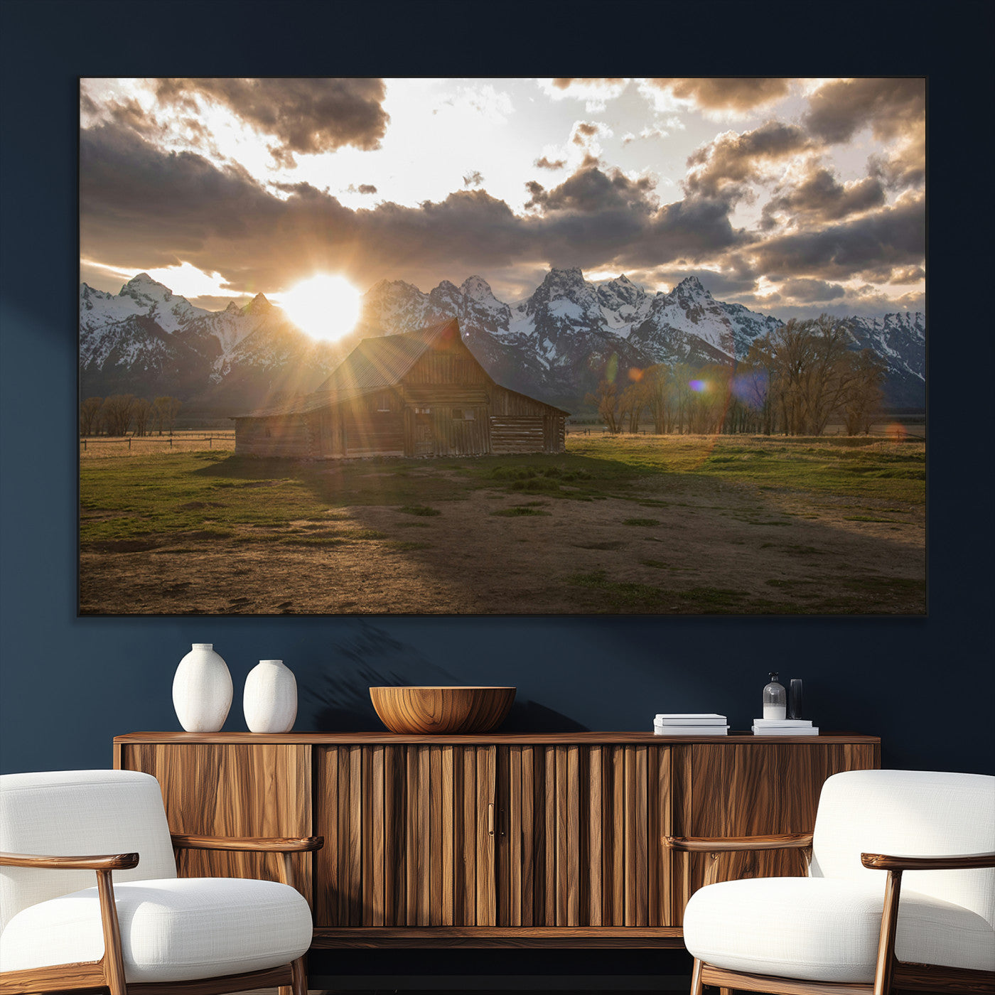 52555760-SEG-FC-51X34_Oversize_Oversize-Snowy Peaks Wall Art Canvas Print, Framed Nature Escape Art Picture Print, Rustic Charm Perfect Rustic Western Decor Artwork
