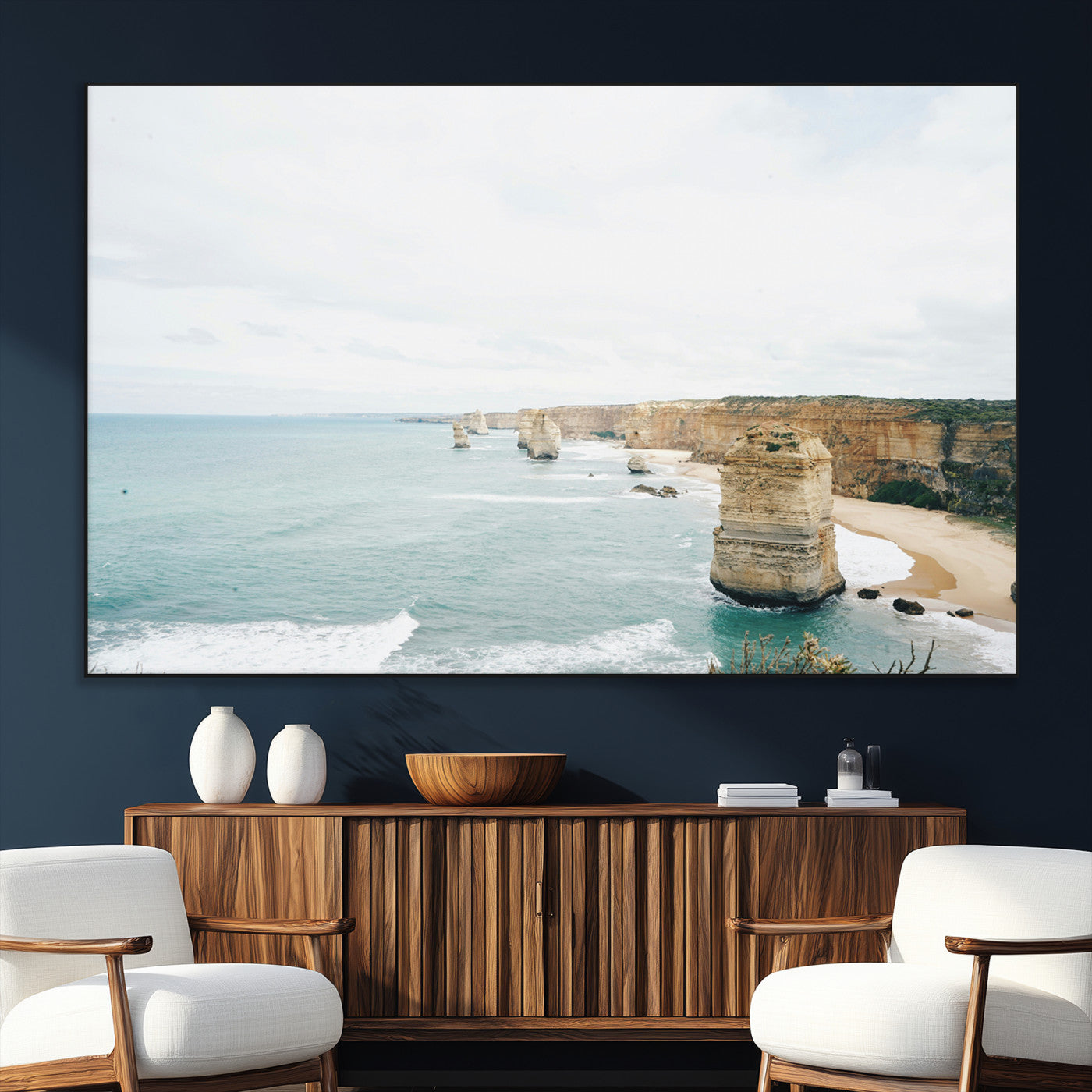 70095633-SEG-FC-51X34_Oversize_Oversize-Twelve Apostles Wall Art Canvas Print, Framed Coastal Cliffs Art Picture Print, Rugged Rock Formations Perfect Minimalist Coastal