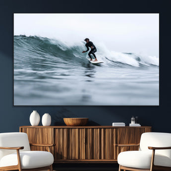 11693607-SEG-FC-51X34_Oversize_Oversize-Surfer on Wave Wall Art Canvas Print, Framed Ocean Adventure Art Picture Print, Motion Blur Water Perfect Coastal Adventure Decor