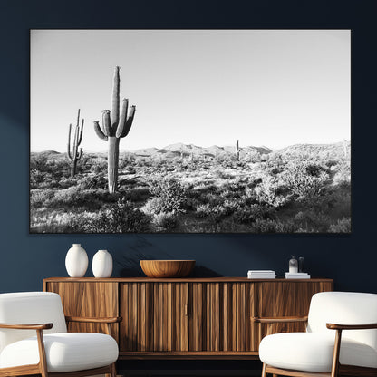 85205054-SEG-FC-51X34_Oversize_Oversize-Saguaro Cactus Wall Art Canvas Print, Framed Monochrome Landscape Art Picture Print, Scenic Arizona View Perfect Minimalist