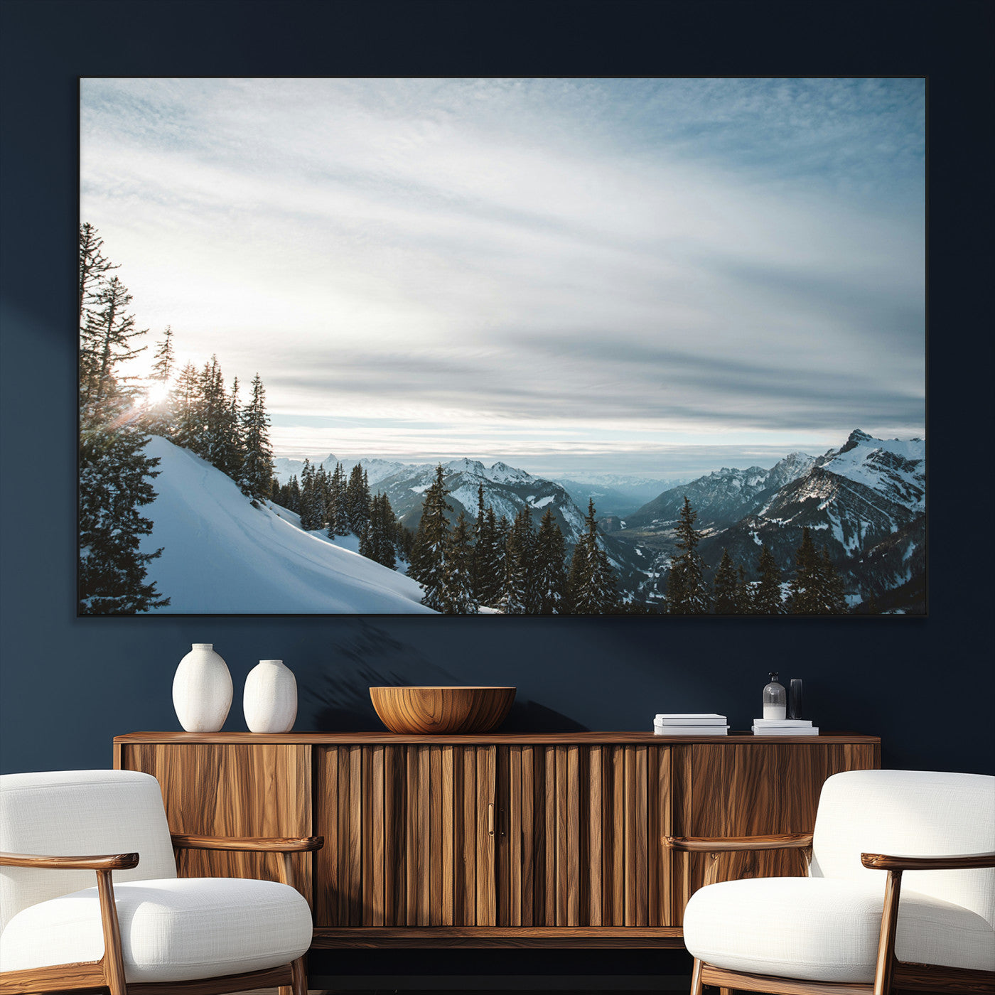 55564749-SEG-FC-51X34_Oversize_Oversize-Snowy Mountains Wall Art Canvas Print, Framed Alpine Landscape Art Picture Print, Frosty Peaks Perfect Nordic Minimalist Decor