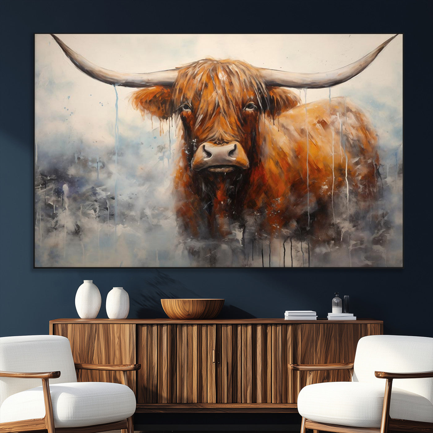 X61001-SEG-FC-51X34_Oversize_Oversize-Scottish Highland Wall Art Canvas Print, Framed Longhorn Art Picture Print, Western Cow Perfect Farmhouse Decor Artwork