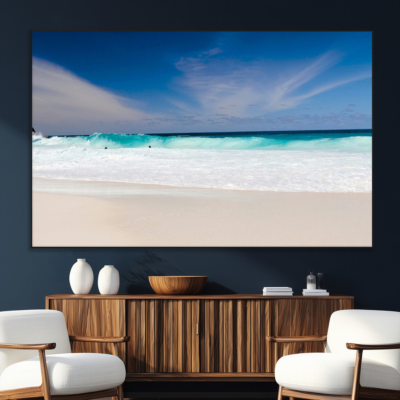55017356-SEG-FC-51X34_Oversize_Oversize-Ocean Beach Wall Art – Turquoise Wave and White Sand Shoreline Canvas Print, Coastal Seascape Photography Decor for Living Room,