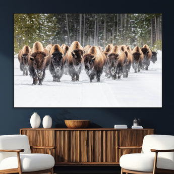 96906195-MGV-CV-36X24-Bison Herd Wall Art – American Buffalo Wildlife Photography Canvas Print, Winter Snow Scene Western Nature Decor for Living Room,