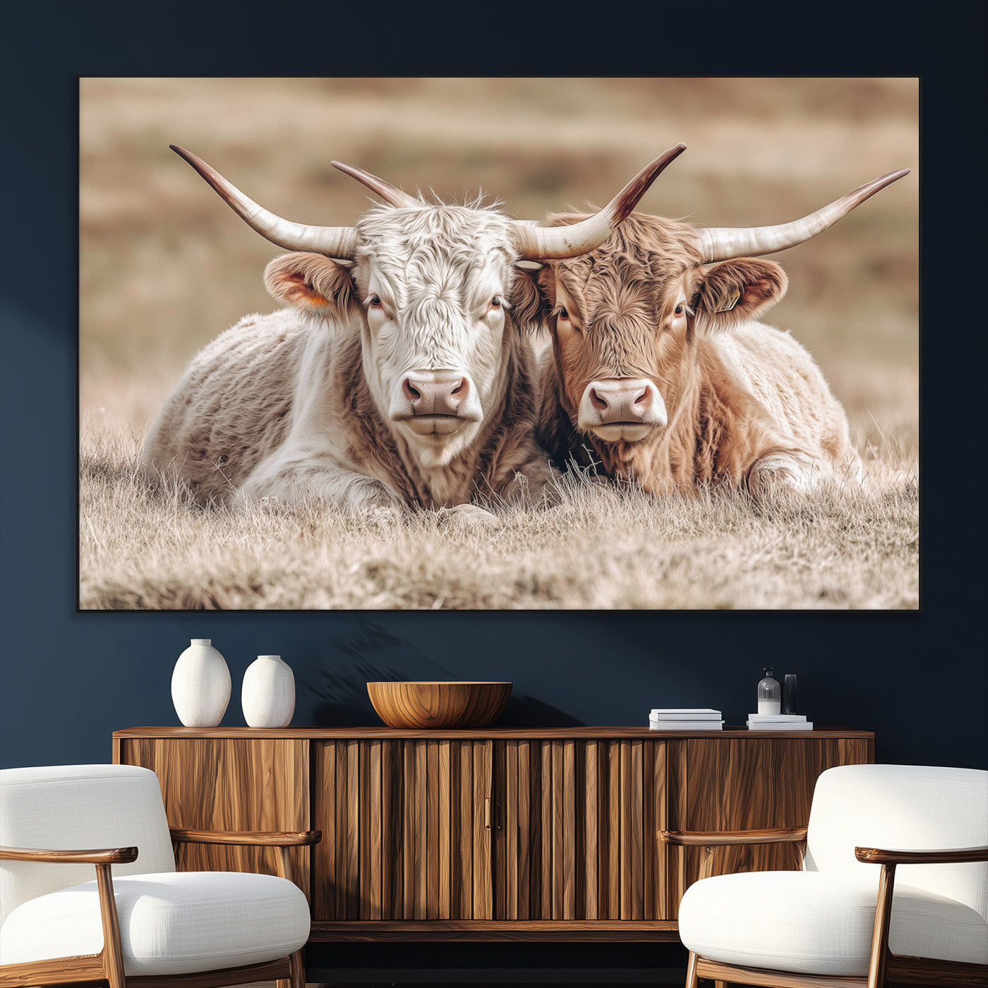 38651722-SEG-FC-51X34_Oversize_Oversize-Cow Wall Art – Rustic Longhorn Pair Canvas Print, Western Farmhouse Animal Painting, Country Ranch Decor for Living Room, Bedroom,